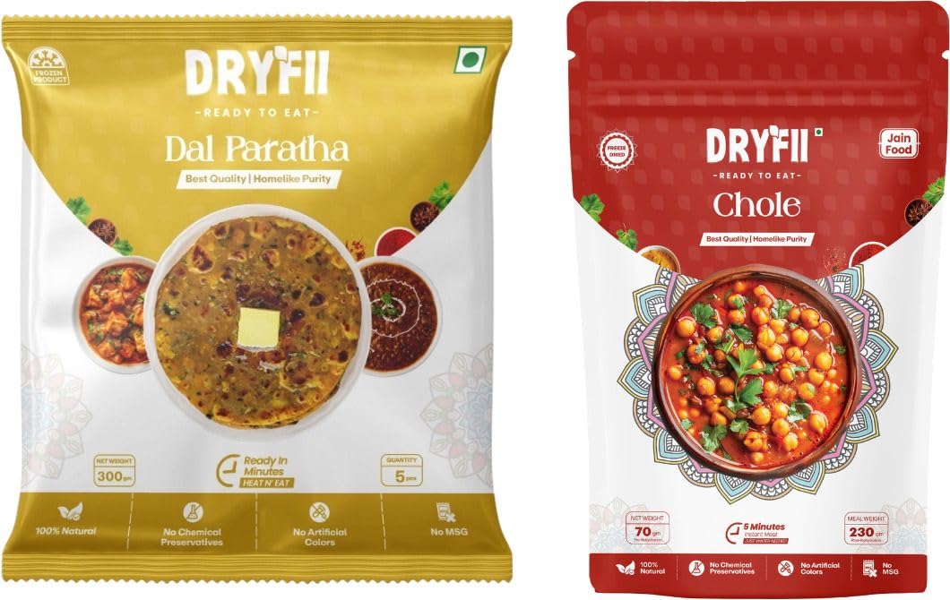 Dryfii Ready-to-Eat Dal Paratha (5 Pcs Parathas) with Jain Chole | Veg Combo Meal | Pure Vegetarian