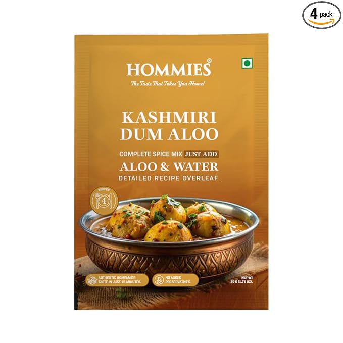 Hommies Kashmiri Dum Aloo Curry Spice Mix (Pack of 4) | Dum Aloo Masala | Ready to Cook in 15 Mins | Just Add Potatoes & Water | Serves 4 | No Preservatives | Spicy & Flavorful | 200 gm (50 gm each)