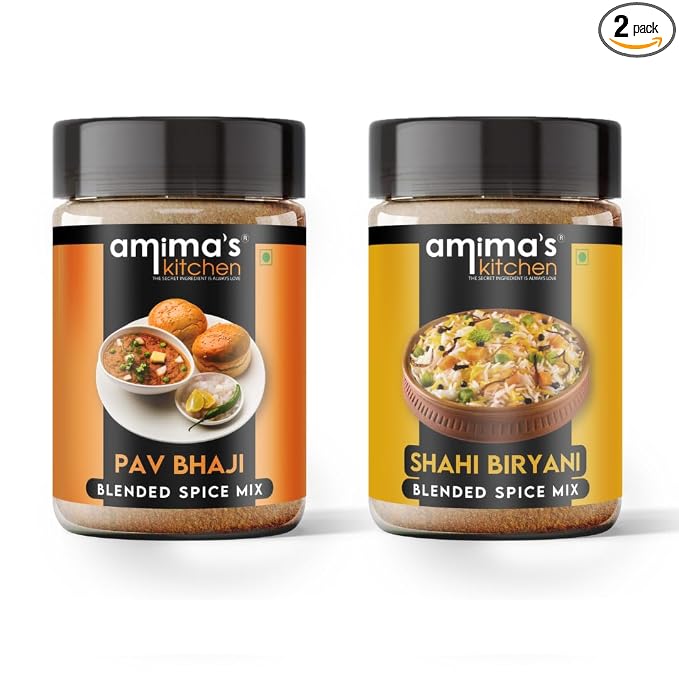 Amima's Kitchen Pav Bhaji Masala + Shahi Biryani Masala Powder Combo Pack (No Onion No Garlic) – 100 Grams (Pack of 2) | Blended Jain Spice Mix | No Synthetic Flavour & Color | Ready Masala Powder
