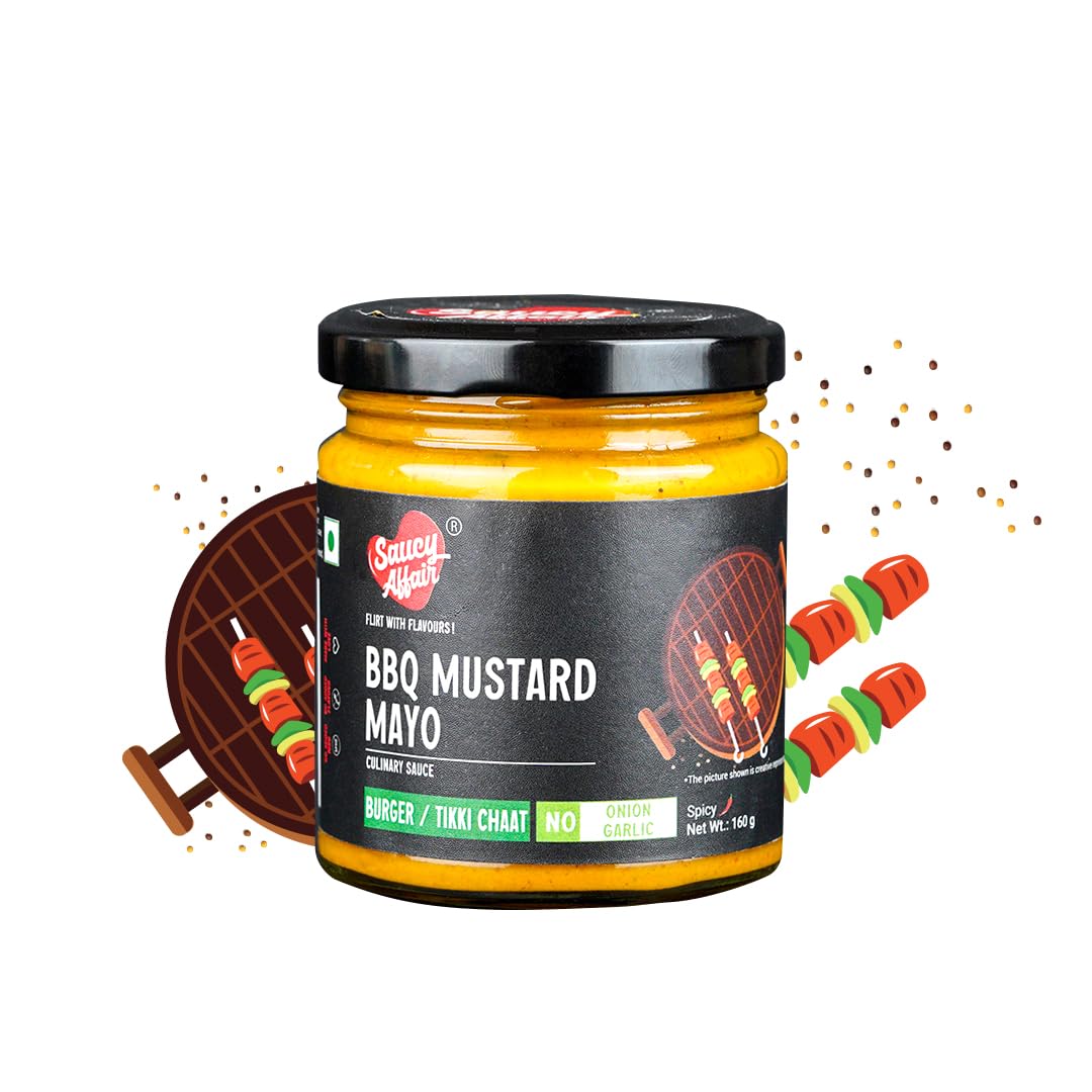 Saucy Affair NONG Barbeque Sauce | Tandoori Sauce | BBQ Sauce | Spicy Smoky Sauce for Chicken Grill & Paneer | BBQ Mustard Mayo | Ready-to-Eat | No Onion, No Garlic (NONG), 160 gram