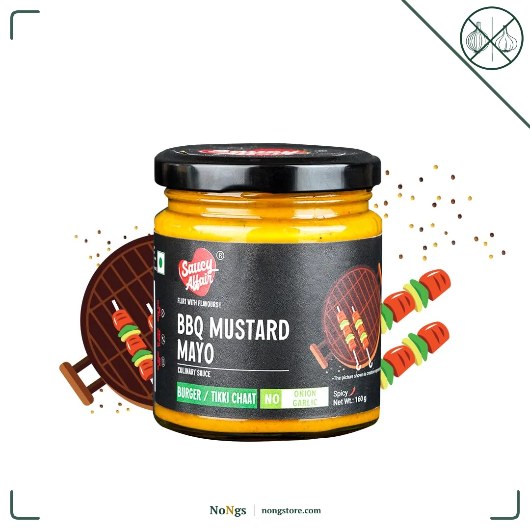 Saucy Affair NONG Barbeque Sauce | Tandoori Sauce | BBQ Sauce | Spicy Smoky Sauce for Chicken Grill & Paneer | BBQ Mustard Mayo | Ready-to-Eat | No Onion, No Garlic (NONG), 160 gram