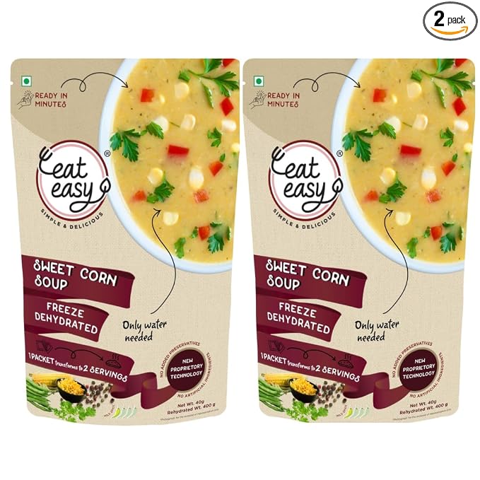 Eat Easy Ready To Eat Sweet Corn Soup 40 gram (Pack of 2) I Just Add Water and Cook I Freeze Dehydrated Organic Healthy Instant Creamy & Tasty Soup Packet for Travel, Camping or Trekking Meal, Hostel Students I No Preservatives