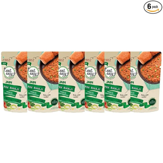 Eat Easy Ready To Eat Jain Pav Bhaji, 65gm (Pack of 6) | Just Add Water and Cook | No Onion No Garlic, Vegetarian Healthy Instant Food for Travel, Trekking, Campign | No Preservatives | No Added Artificial Colours & Flavours