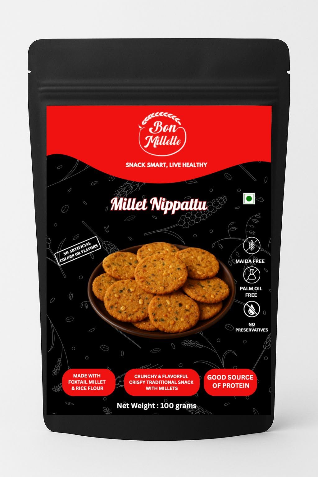 Millet Nippattu 100g | Traditional South Indian Crunchy Snack | Crispy Healthy | Made with Millets | No Palm Oil or Preservatives | No Artificial Flavours