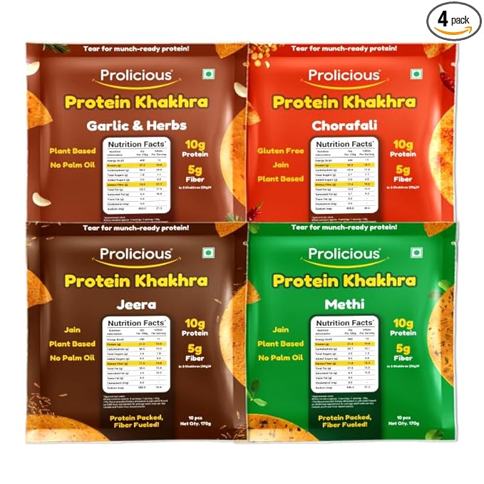 Prolicious High Protein & Fibre-Rich Khakhra Combo Pack | Crispy Healthy Khakhra Snacks | Indian Snack | No Onion No Garlic | Anytime Tea-Time Snack (Pack of 4, 170g Each)