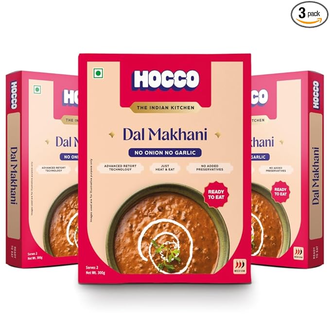 HOCCO Ready to Eat Jain Dal Makhani | Just Heat & Eat | Jain Instant Food | Ready to Cook | Just Add Hot Water & Meal Ready in 5 Mins | Microwaveable | Serves 2-300g Each (Pack of 3)