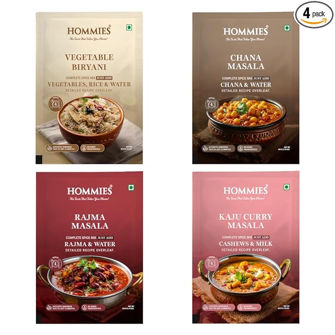Hommies Mixed Curry Spice Combo (Pack of 4) | Vegetable Biryani, Chana/Chole Masala, Rajma Masala & Kaju Curry Masala | Ready to Cook | Just Add Basics | Serves 4 Each | Vegetarian | No Preservatives| Pack of 4 (50g Each, Total 200g) (Combo of 4-3)