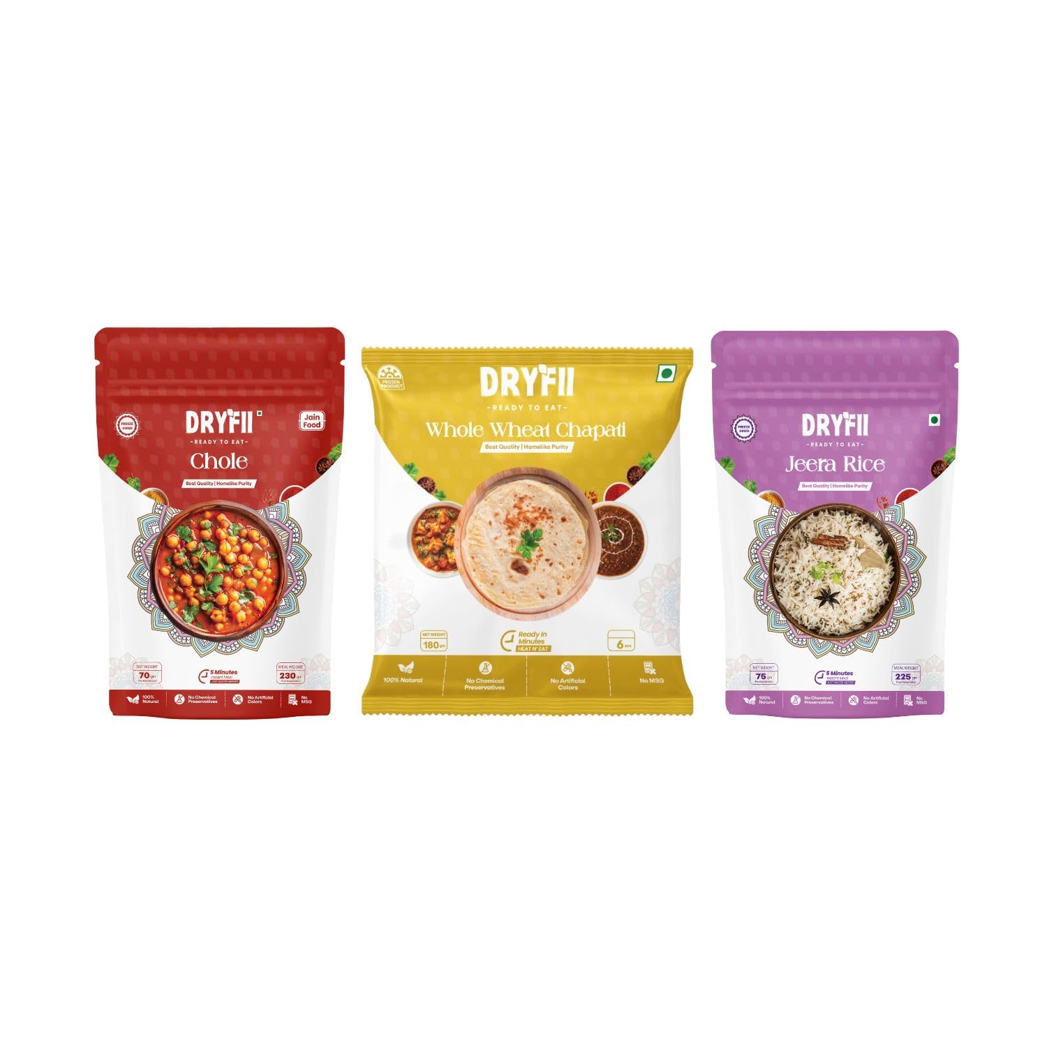 Dryfii Ready-to-Eat Chapati with Jain Chole & Rice | Spicy Satvik Combo Meal | No Onion No Garlic | Healthy Traditional Indian Food Pack