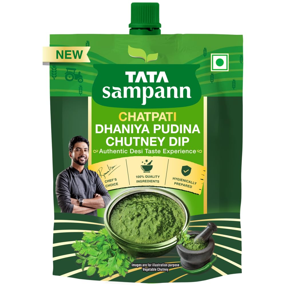 Tata Sampann Chatpati Dhaniya Pudina Chutney Dip, Made with Fresh Coriander and Mint, Tangy and Flavorful, Hari Chutney, Ready to eat, Pairs well with Parathas, Chaats & Snacks, 100% Quality Ingredients, Hygienically Prepared, 200 g