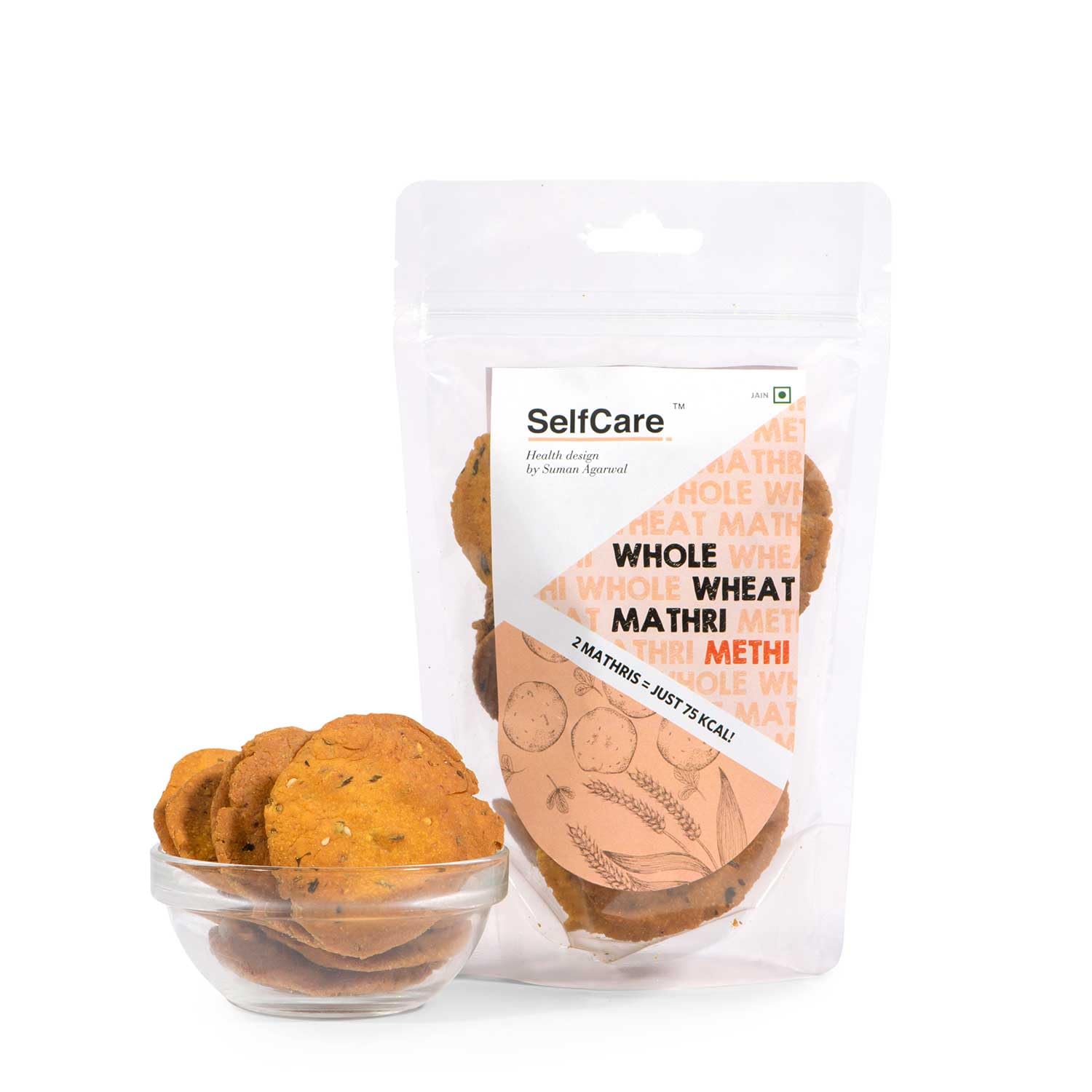 SelfCare By Suman Agarwal Whole Wheat Mathri - Methi Pack of 1 125g | Fiber-rich | Savoury - Snacks - Namkeen - Grocery | Spicy Crunchy & Chatpata - Tea time Snacking | Diabetic Jain & Travel Friendly