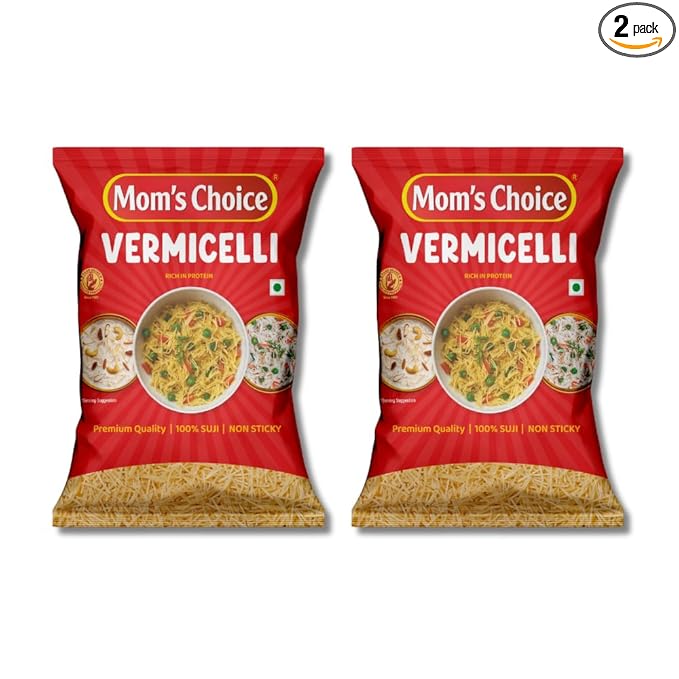 Mom’s Choice Shortcut Plain Vermicelli | 100% Suji | No Maida | 100% Pure Veg | Source of Protein | Cholesterol Free | Non-Sticky | Easy to Cook | No Artificial Flavours & Colours | Pack of 2 | 400g x 2