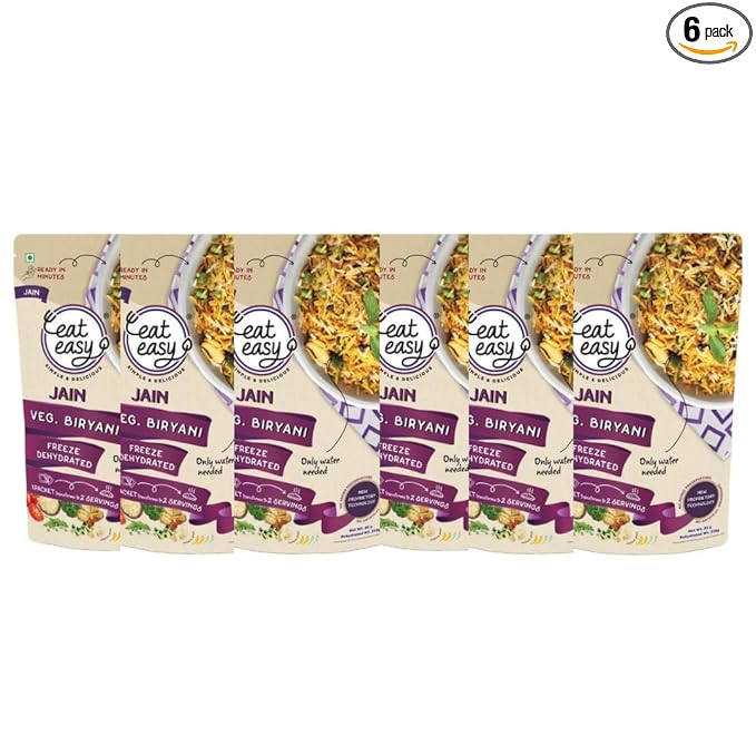 Eat Easy Ready To Eat Jain Veg Biryani- 95gm (Pack of 6) | Instant Food | Indian Meal, Travel Food | No Preservatives, No Added Artificial Colours & Flavours | Just Add Water and Cook