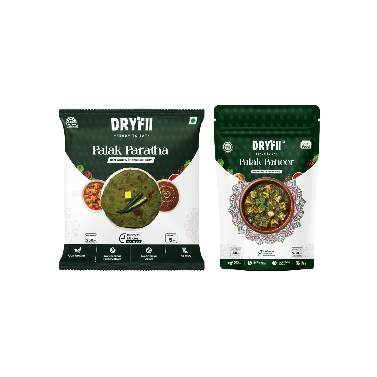 Dryfii Ready-to-Eat Palak Paratha (5 Pcs | 1 Pack) with Jain Palak Paneer | Healthy Veg Meal | Pure Vegetarian