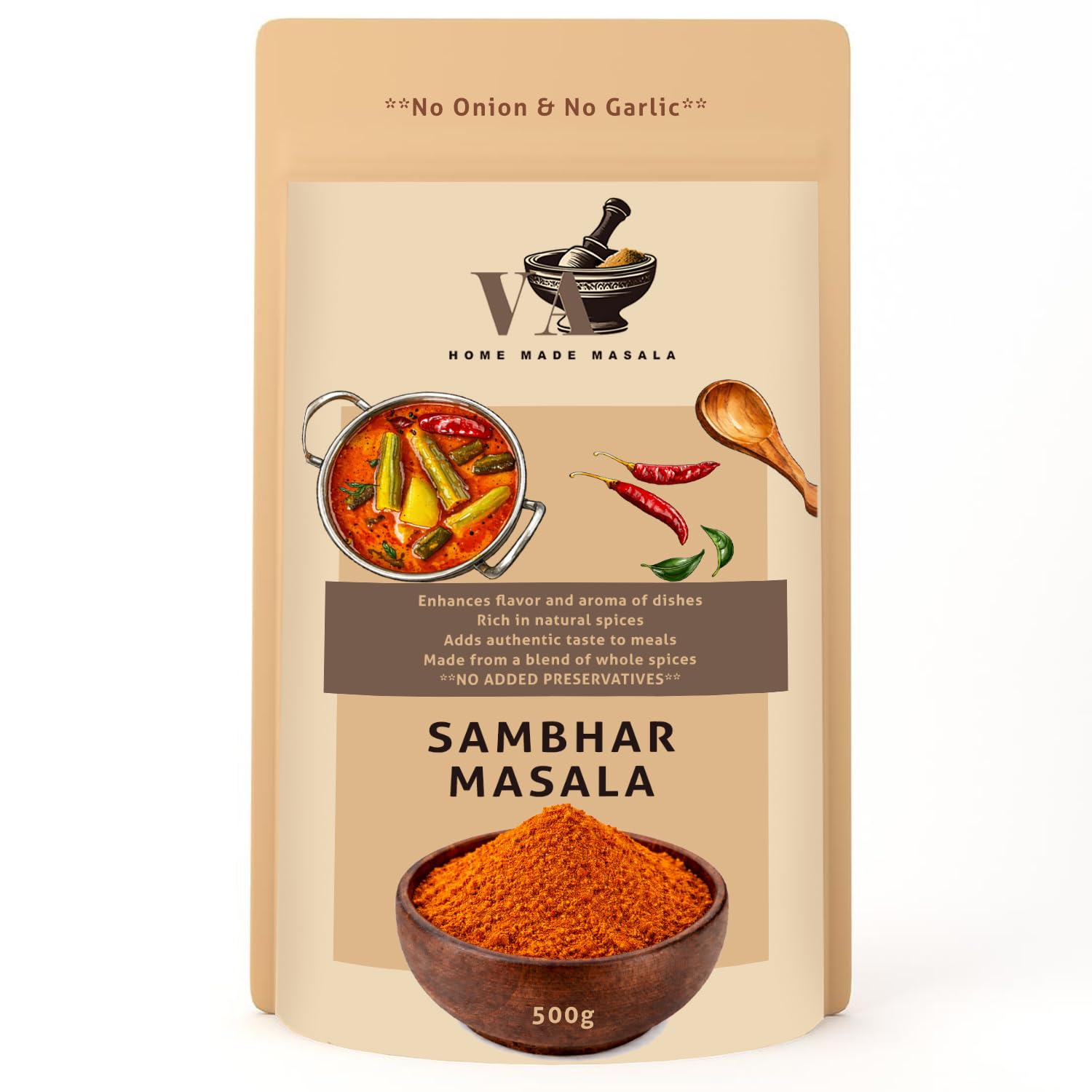 VA HOME MADE MASALA Sambhar Masala 500GM | Flavorful and aromatic Sambhar Masala with no added preservatives | Prepare Delicious Sambar At Home. No colour, no preservatives no onion & no garlic (Jain Masala)