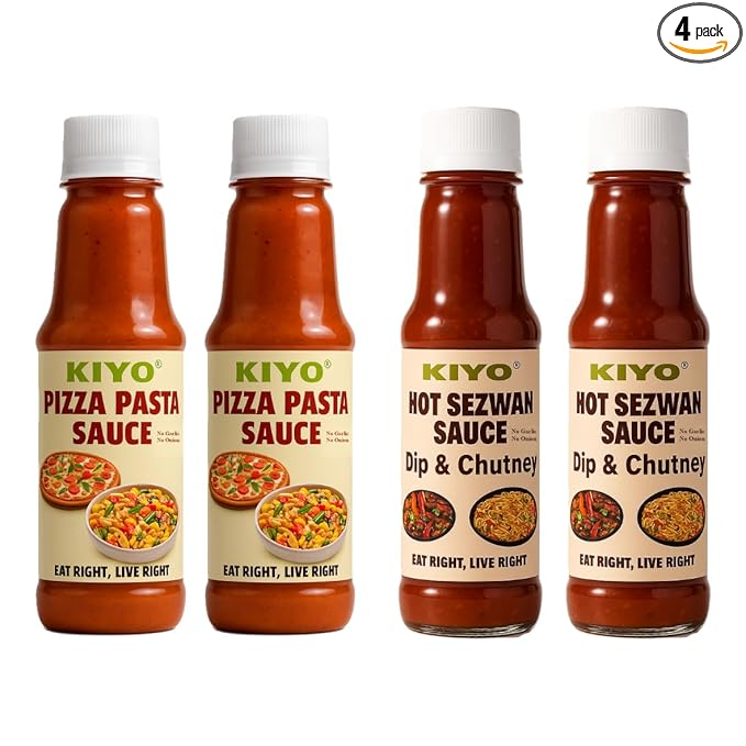 KIYO Combo Pack Of Pizza Pasta Sauce (Pack of 2) And Hot Shezwan Sauce (Pack of 2) || No Onion No Garlic || Hot And Spicy Sauces || No Artificial Colours & Flavours Added || 210 gm Each (Pack Of 4)