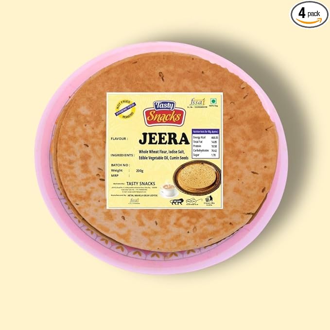 Tasty Snacks High Protein & High Fiber Khakhra – Jeera Flavor | No Maida | No Palm Oil | Jain Roasted Indian Snack | 800g (Pack of 4)