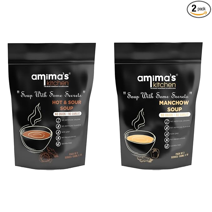 Amima's Kitchen Combo Of Hot & Sour + Manchow Jain Soup (No Onion No Garlic) - 100 Grams (Pack of 2) | Instant Soup Mix Powder | Ready To Cook | No Artificial Flavour & Colour | Gluten Free | Non GMO | Healthy Soup