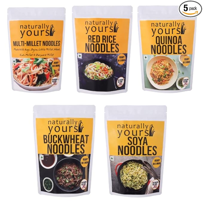 Naturally Yours Healthy Noodle Trial Pack | 5 Varieties – Multi Millet, Red Rice, Quinoa, Buckwheat & Soy | No Maida, No Onion No Garlic, Jain Friendly, Vegan | Tastemaker Inside | 900g Pack of 5