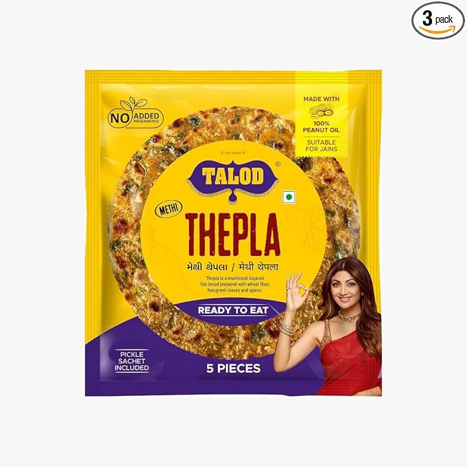 TALOD Methi Thepla with Pickle – Pack of 3 (15 Pieces) | Made with 100% Peanut Oil | Soft & Fresh Gujarati Snack | Healthy Ready-to-Eat Meal | Traditional Flatbread with Fenugreek Leaves & Spices (Vacuum pack)