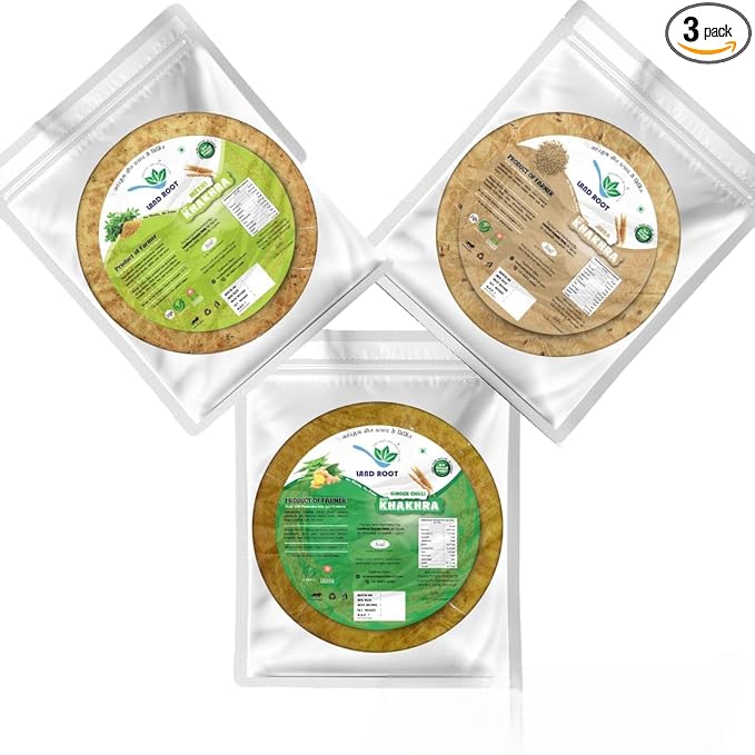 Land Root Organic Assorted Khakhra Pack | 3 Varieties (Methi, Jeera, Ginger Chilli) | Zero Maida | Vegan & Jain Friendly | High Fiber Healthy Snack | 180g x 3 Packs