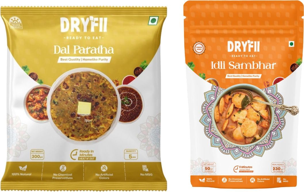 Dryfii Ready-to-Eat Dal Paratha (5 Pcs Parathas) with Idli & Sambar | Breakfast Combo Meal | Pure Vegetarian