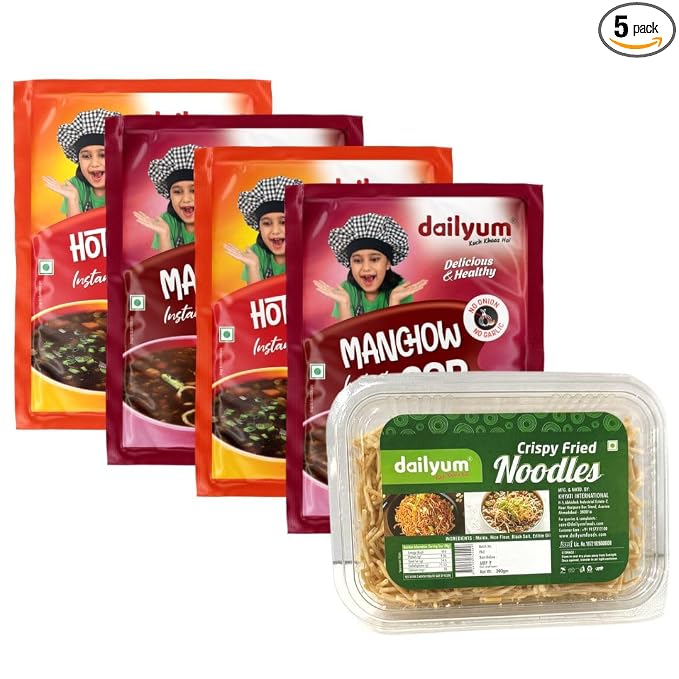 Dailyum instant | No Onion Garlic | 2 Manchow Soup 50g | 2 Hot N Sour Soup 50g | Crispy Fried Noodles 200g | Natural | No MSG | Jain |Combo Of 5