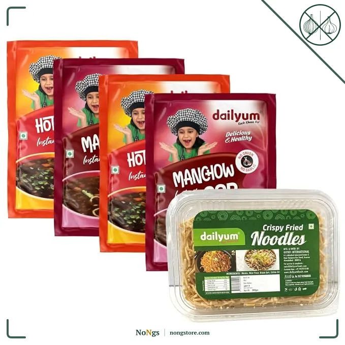 Dailyum instant | No Onion Garlic | 2 Manchow Soup 50g | 2 Hot N Sour Soup 50g | Crispy Fried Noodles 200g | Natural | No MSG | Jain |Combo Of 5