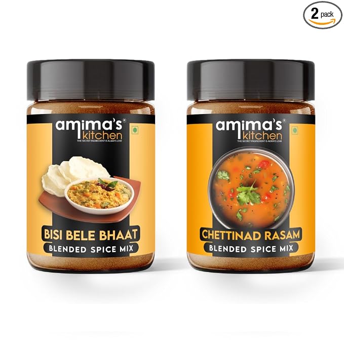 Amima's Kitchen Combo Of Bisi Bele Bhaat + Chettinad Rasam Jain Spice Mix (No Onion No Garlic) – 100 Grams (Pack of 2) | Blended Spice Mix | For Healthy and Delicious Cooking | No Synthetic Flavour & Color | Ready Masala Powder