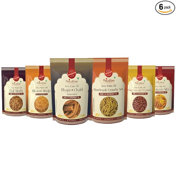 SpiceRaga | Bikaneri Bhujia, Dalmoth, Mix Namkeen, Hing Masala Peanuts, Bhajni Chi Chakli, Crunchy Sev (Pack of 6)| Made With Pure Groundnut Oil | No Palm Oil | No Trans Fat | Indian Snacks Combo | Total 920g |