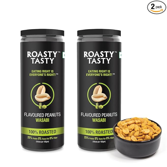 Roasty Tasty Wasabi Flavour Roasted Peanuts|Healthy Snacks|Rich In Protein & Fibre|Roasted, Not Fried Snacks|Healthy Food|Namkeen Peanuts|Crunchy Masala Peanuts|Pack Of 2 (150G Each)