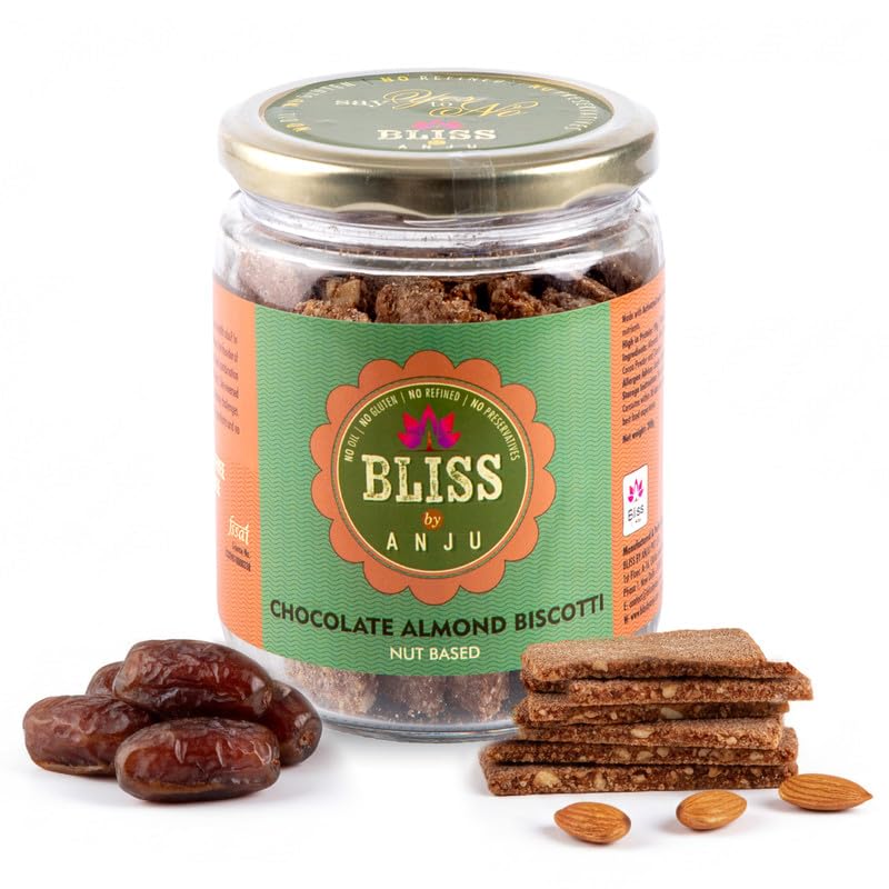 Bliss by Anju Chocolate Almond Biscotti 200g | Contains 38g Protein Per Pack | Activated Almonds & Premium Cocoa | Baked, Gluten-Free | Rich in Fibre & Healthy Fats | Wholesome Crunchy Snack