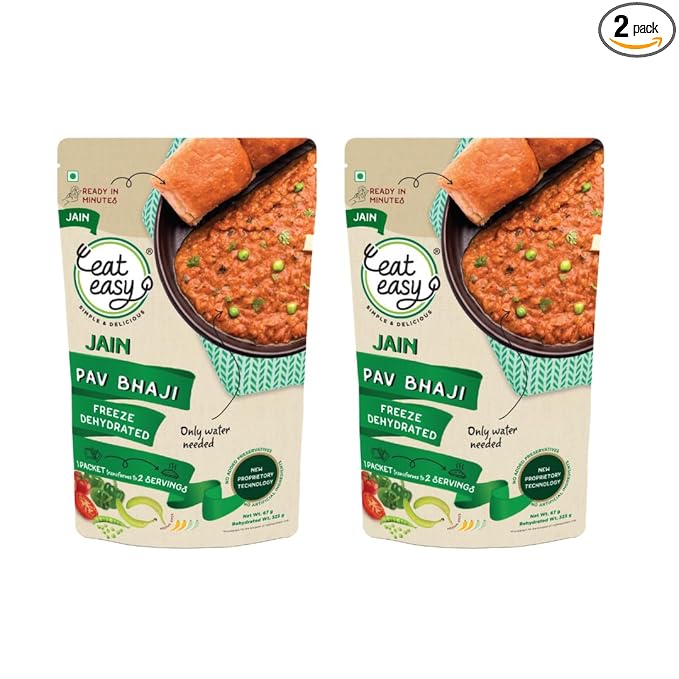 Eat Easy Ready To Eat Jain Pav Bhaji, 65gm (Pack of 2) | Just Add Water and Cook | No Onion No Garlic, Vegetarian Healthy Instant Food for Travel, Trekking, Campign | No Preservatives | No Added Artificial Colours & Flavours