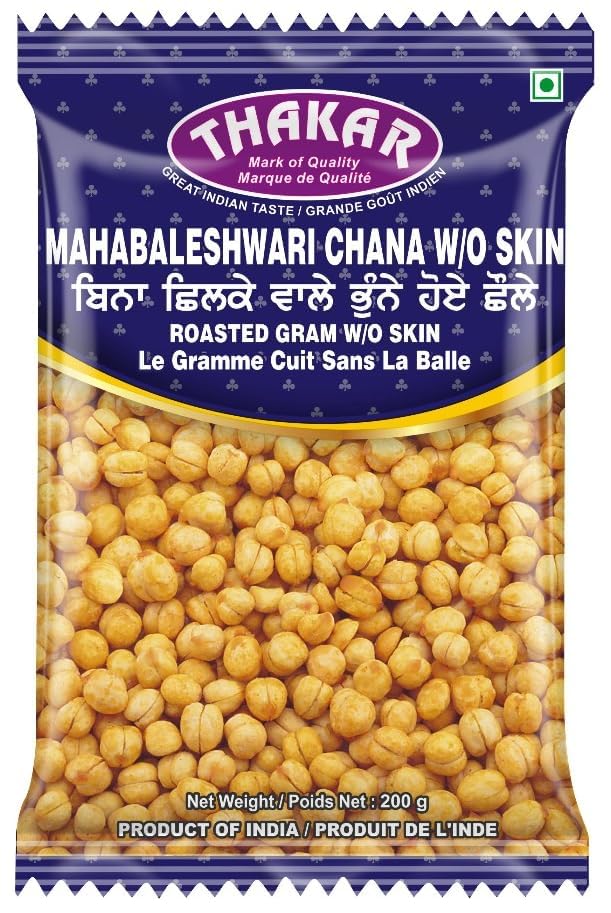 THAKAR Roasted Chana Namkeen | Bhuna Chana Snacks | Crunchy Chana | Ready to Eat Chickpeas | High Protein Roasted Chana | Desi chana | Crunchy & Healthy Snacks. (200g Pack, Mahabaleshwari Chana Without Skin)