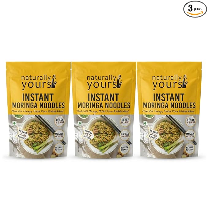 Naturally Yours Moringa Instant Ramen Noodles | Shigru Leaf, Millet & Whole Wheat | No Maida, Not Fried | No Onion No Garlic, Jain Friendly | Ready in 2 Minutes | Masala Inside | 175g Pack of 3