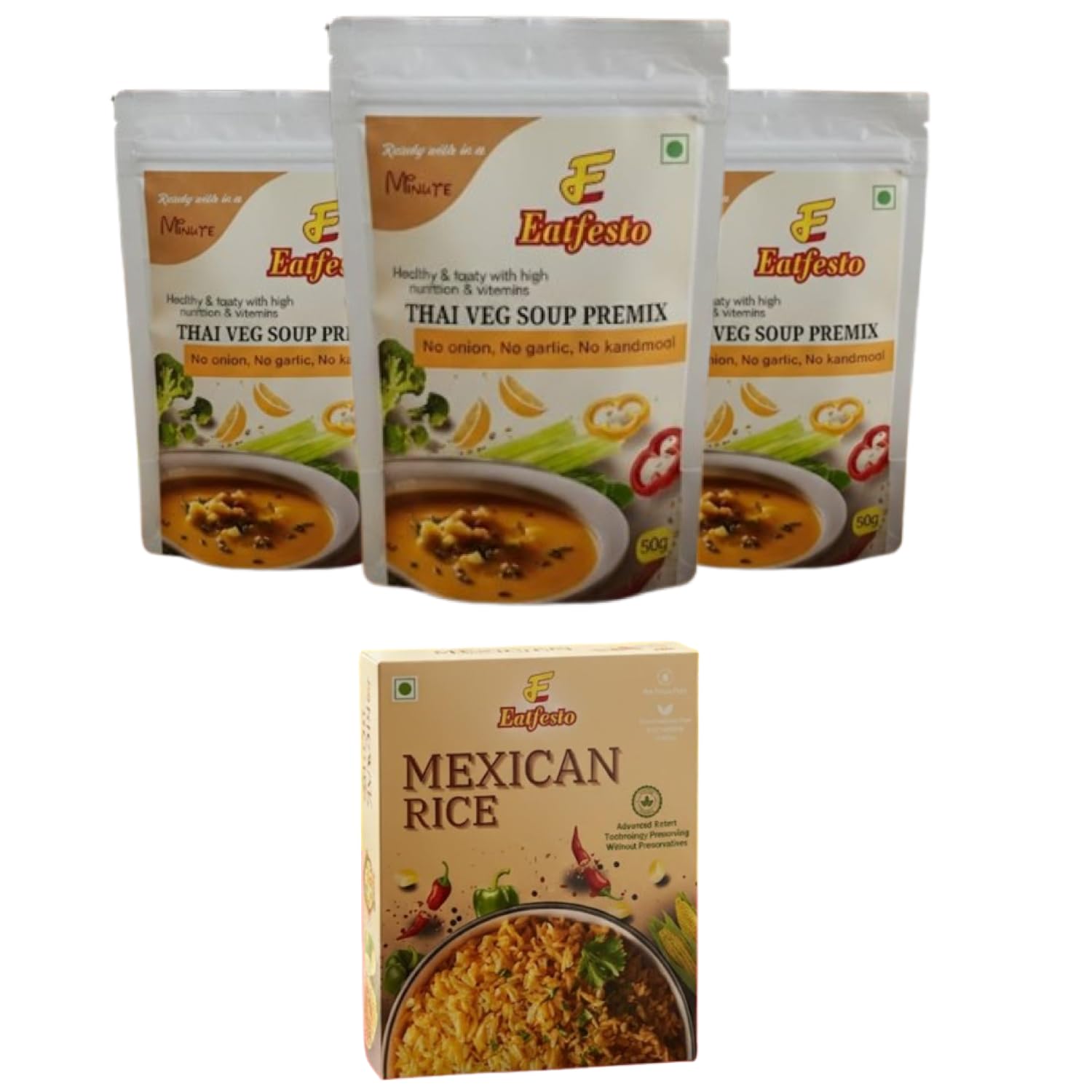 Eatfesto Healthy Combo Pack – Thai Veg Soup Premix 50g (Pack of 3) + Mexican Rice Ready to Eat | No Onion No Garlic | Jain Friendly | Instant Meal Combo Pack Of 3 + 1