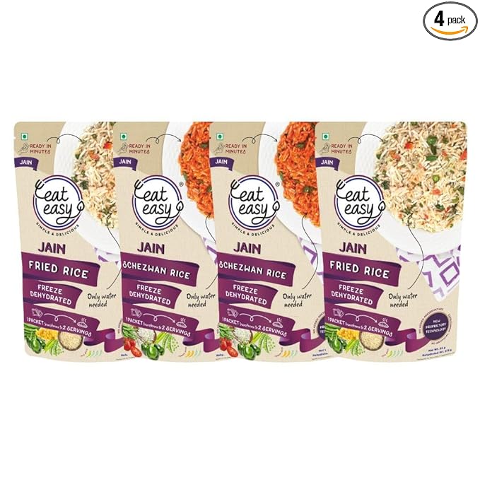 Eat Easy Ready To Eat Jain Rice Combo- Jain Fried Rice & Schezwan Rice (Pack of 2) Each | Just Add Water and Cook | Freeze Dehydrated Instant Rice for Travel, Hostel, Trekking, Camping, Hiking