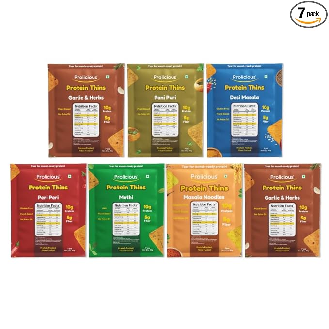 Prolicious Assorted Protein Thins Pack of 7 | Multiflavour Healthy Snack Combo | High Protein & Fibre-Rich Khakhra Thins | No Maida, Anytime Crunchy Snack (50g Each)