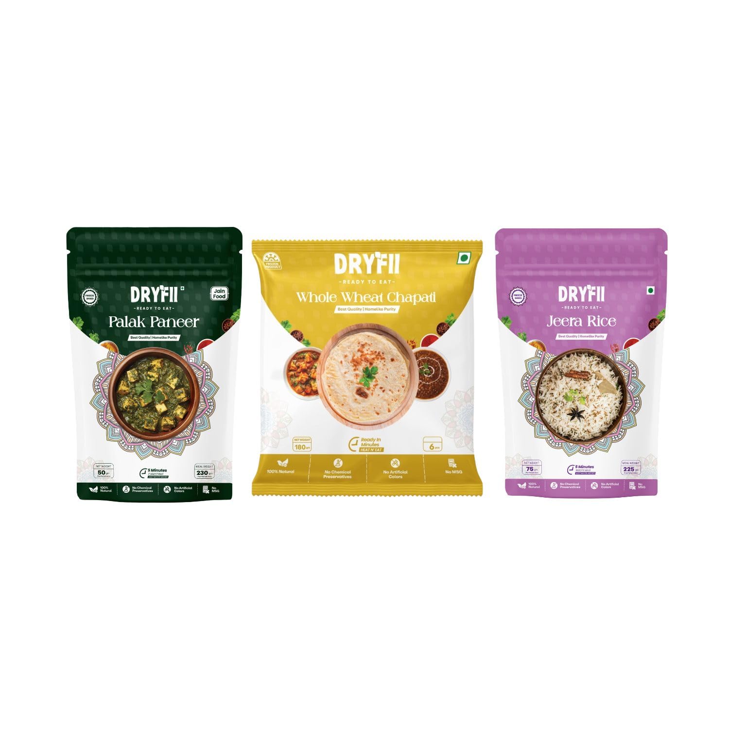 Dryfii Ready-to-Eat Chapati with Jain Paneer Curry & Rice | Satvik Creamy Combo Meal | No Onion No Garlic | Fresh Healthy Indian Food Pack
