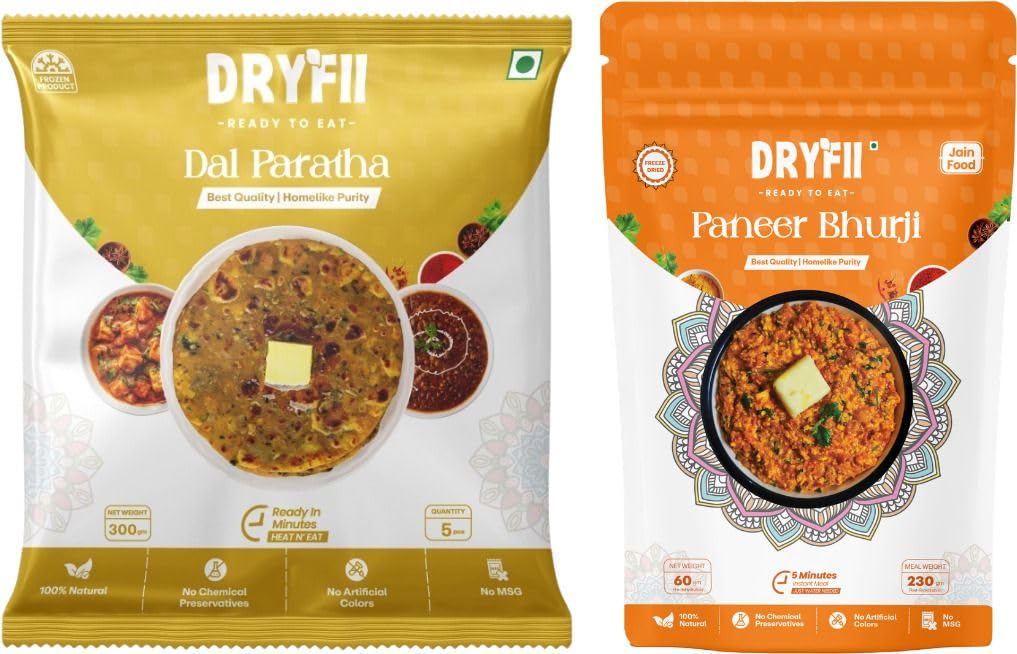 Dryfii Ready-to-Eat Dal Paratha (5 Pcs Parathas) with Jain Paneer Bhurji | Veg Combo Meal | Pure Vegetarian