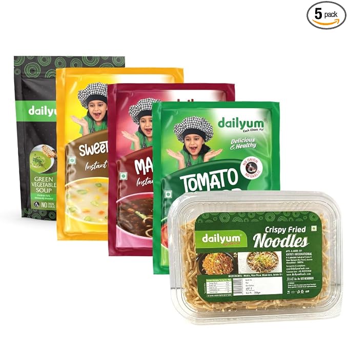 Dailyum Instant Soup Combo of 5 | No Onion No Garlic | Manchow Soup 50g | SweetCorn Soup 50g | Tomato Soup 50g | Green Veg. Soup 50g | Crispy Fried Noodles 200g| Jain