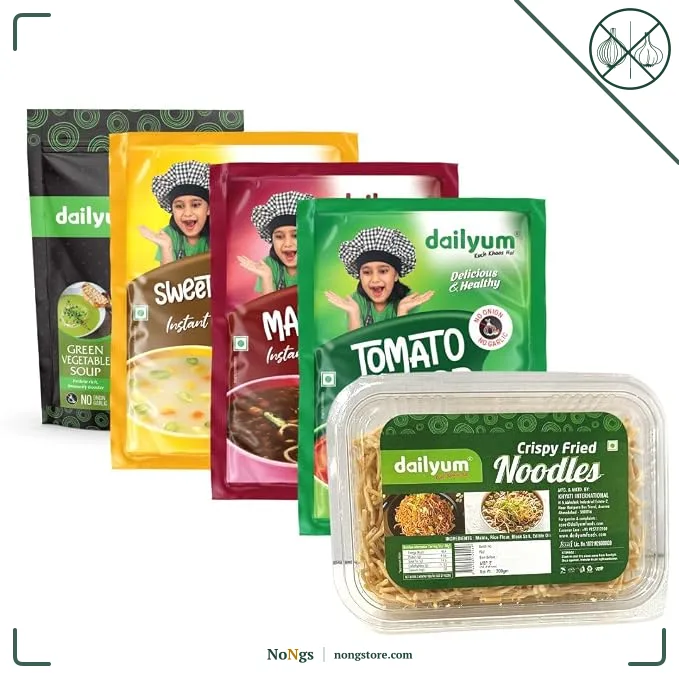Dailyum Instant Soup Combo of 5 | No Onion No Garlic | Manchow Soup 50g | SweetCorn Soup 50g | Tomato Soup 50g | Green Veg. Soup 50g | Crispy Fried Noodles 200g| Jain