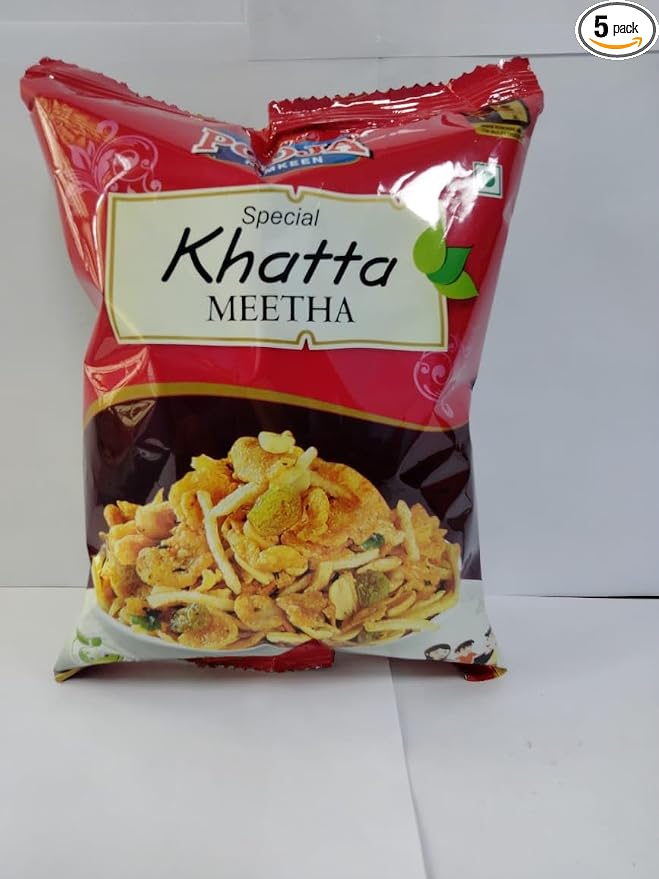 POOJA Khatta Meetha Mixture | Roasted & Tasty | No Onion, No Garlic | Crispy & Healthy Snacks | Authentic Indian Namkeen – Pack of 5 (180 Gram Each)