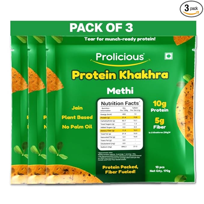 Prolicious Khakhra Methi High Protein Khakhra | Upgrade Your Snacking | 10g Protein + 5g Fibre | Same Crunch, Snack Smarter | Plant Based, Jain | No Palm Oil | 170gm (Pack of 3)
