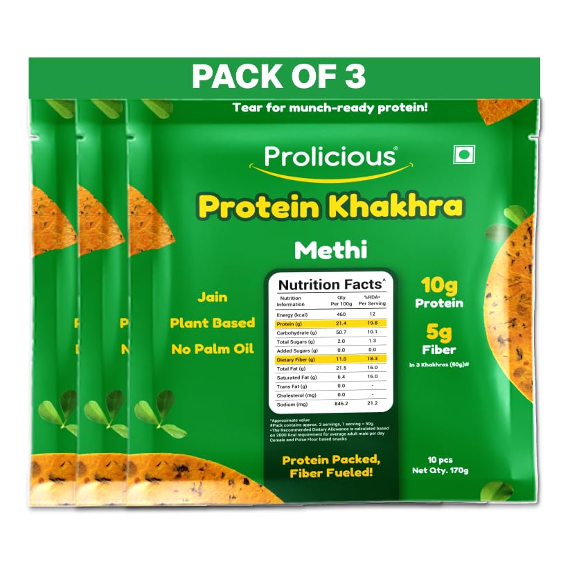 Prolicious Khakhra Methi High Protein Khakhra | Upgrade Your Snacking | 10g Protein + 5g Fibre | Same Crunch, Snack Smarter | Plant Based, Jain | No Palm Oil | 170gm (Pack of 3)