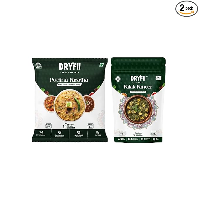 Dryfii Ready to Eat Pudina Paratha (5 Pieces, 1 Pack) & Jain Palak Paneer Combo | Freeze Dried | Refreshing Flavor | No Onion No Garlic