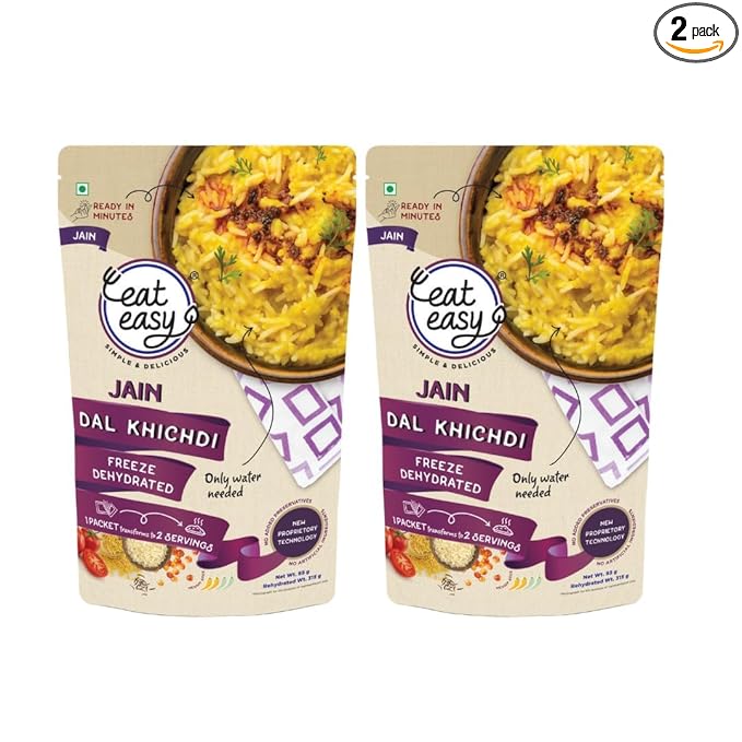Eat Easy Ready To Eat Jain Dal Khichdi, 92gm (Pack of 2) | Light on Stomach High Protein & Fiber, Freeze Dehydrated Healthy Instant Food for Travel, Office | No Preservatives | No Onion, No Garlic | Just Add Water and Cook
