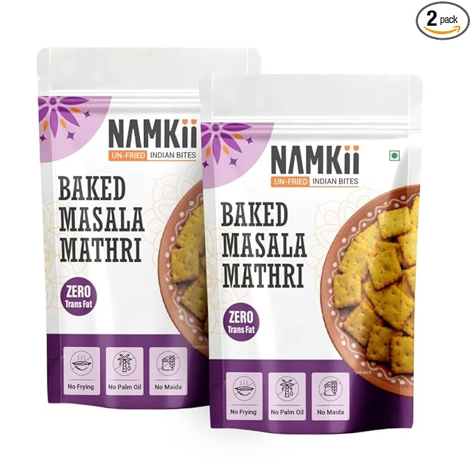 NAMKII Baked Methi Masala Mathri | Baked Not Fried, No Maida, No Palm Oil | Zero Trans Fat, Low Saturated Fat | Healthy Snacks, Mathri, Namkeen | Perfect for tea-time snacking, mid-night cravings, or tiffins | 175 g (Pack of 2)