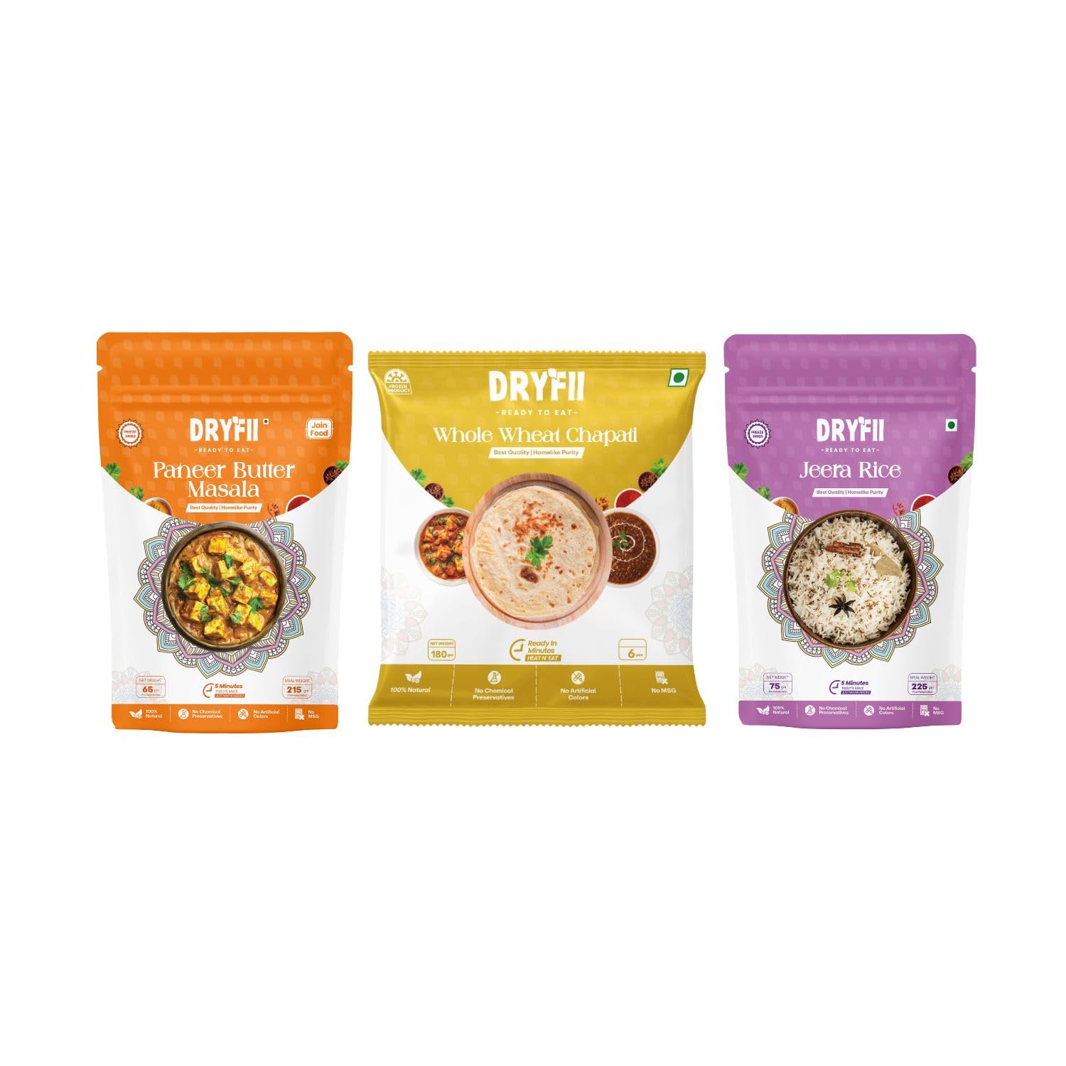 Dryfii Ready-to-Eat Chapati with Jain Paneer Butter Masala & Rice | Creamy Satvik Combo Meal | No Onion No Garlic | Premium Indian Food Pack