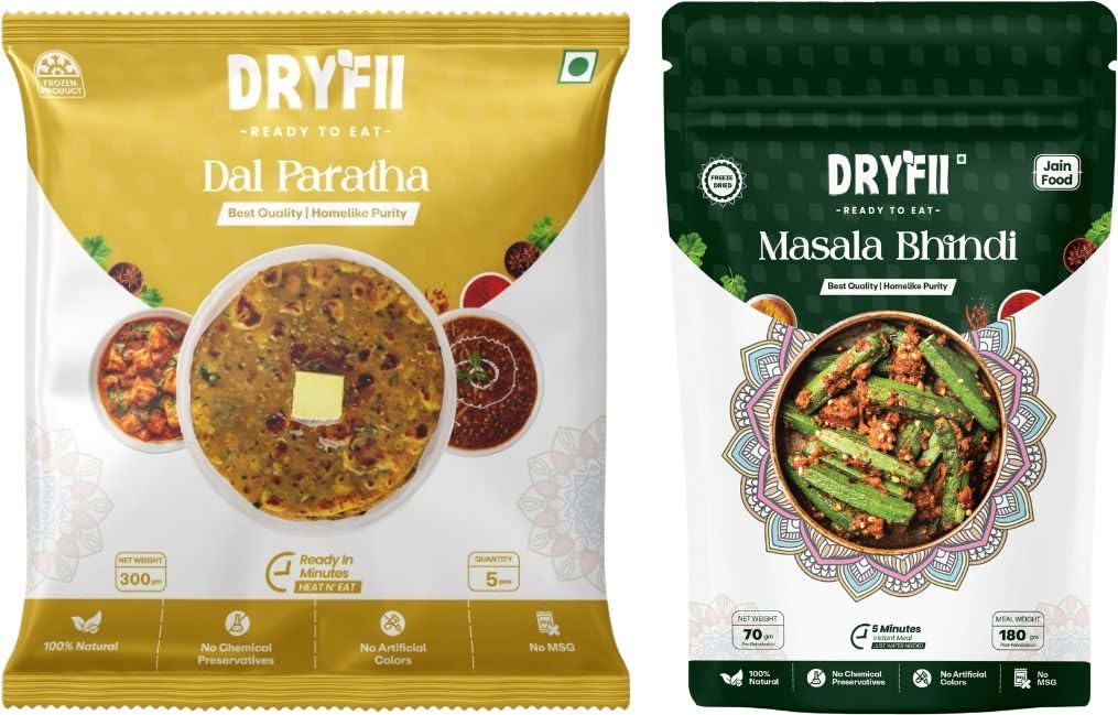 Dryfii Ready-to-Eat Dal Paratha (5 Pcs Parathas) with Jain Masala Bhindi | Veg Combo Meal | Pure Vegetarian