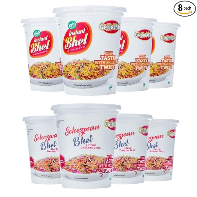 Gujjubhai Jain Bhel & Schezwan Bhel Combo – 80g x 8 | Instant Spicy & Tangy Snack Mix | No Onion No Garlic | Ready-to-Eat Indian Street Food | Travel-Friendly Namkeen Pack